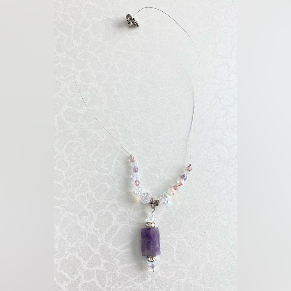 Amethyst Pendant Illusion Necklace with Crystal Beads